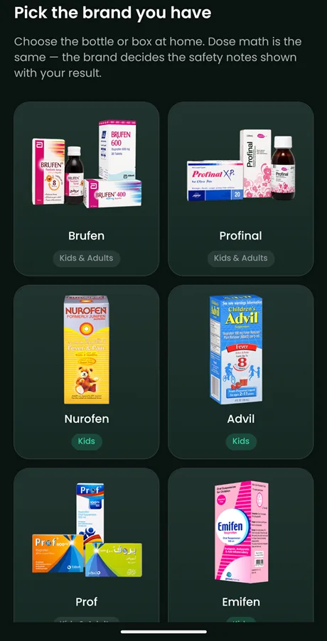 Saudi brand picker screen with Panadol, Adol, Fevadol and more