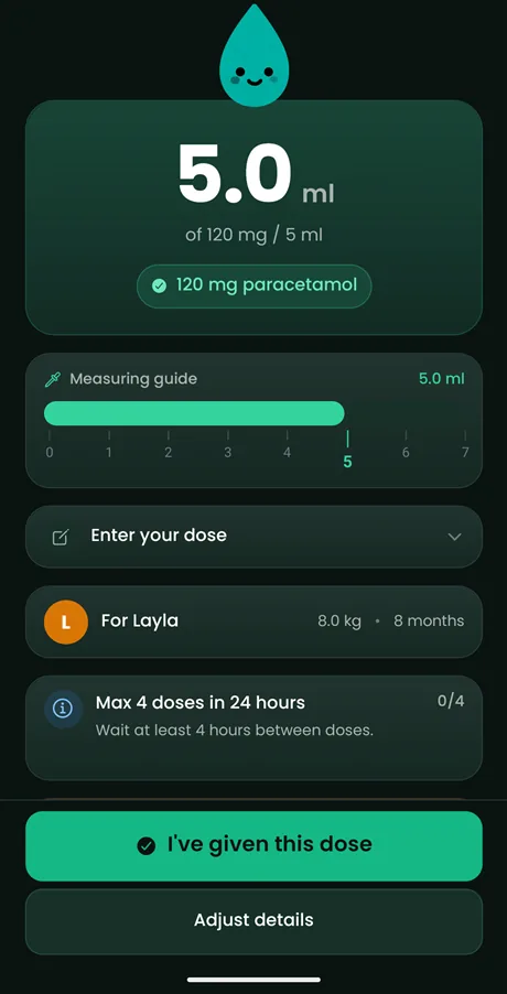 Dose result screen with the amount in large type and formulation context